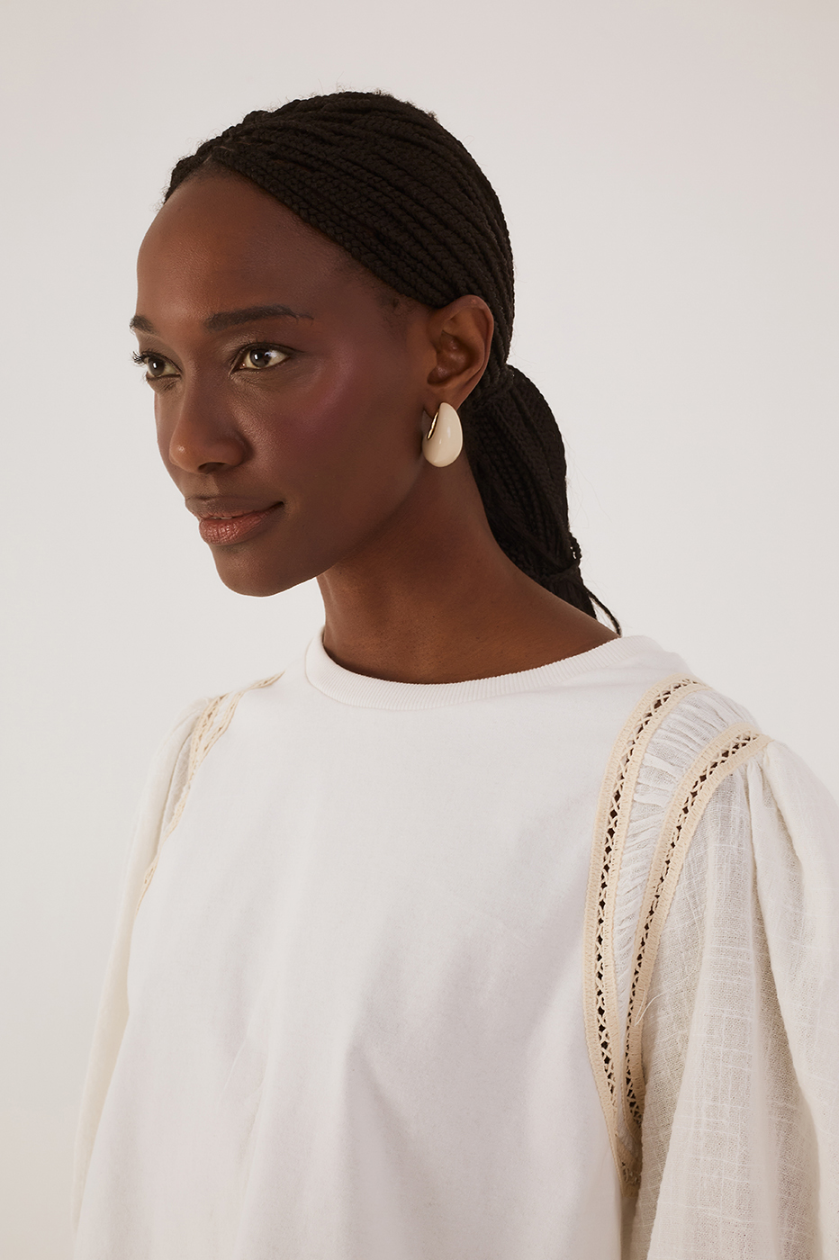 Off-White Crew Neck Lace Puff Sleeve Blouse