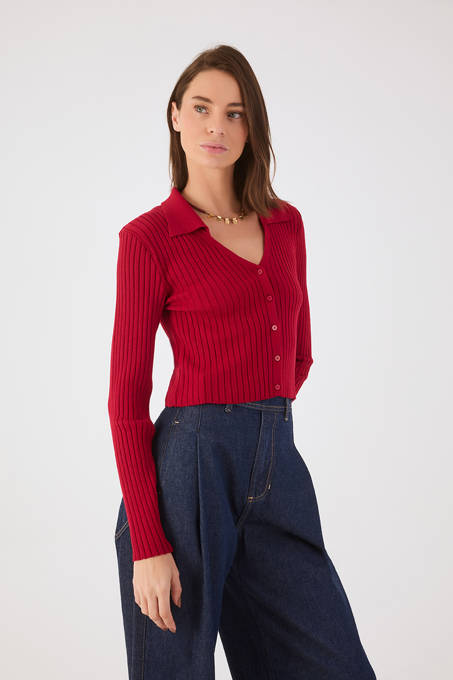 Red Encanto Collared Buttoned Tricot Blouse_3