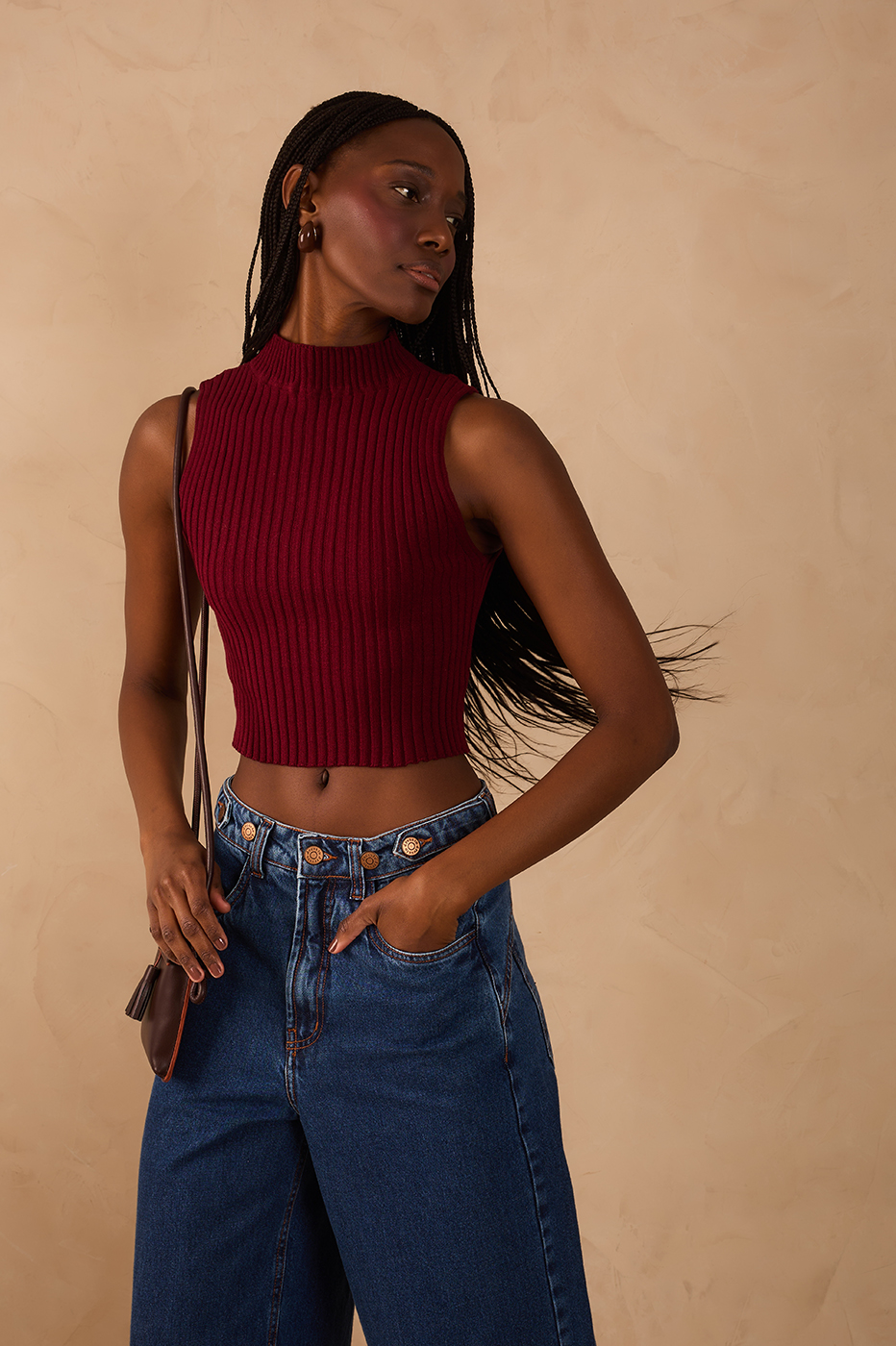 Wine Bossa Ribbed Sleeveless Turtleneck