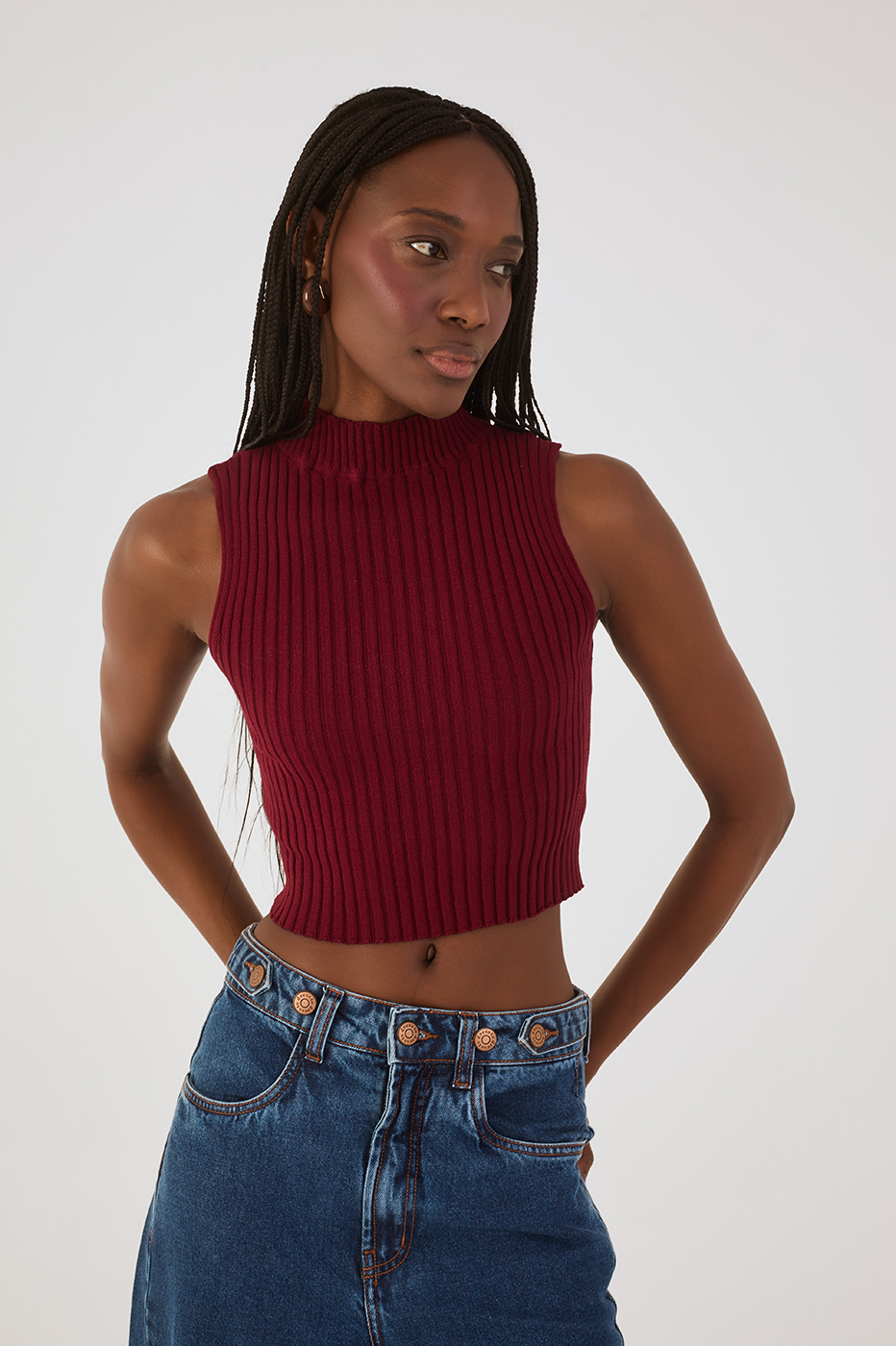 Wine Bossa Ribbed Sleeveless Turtleneck