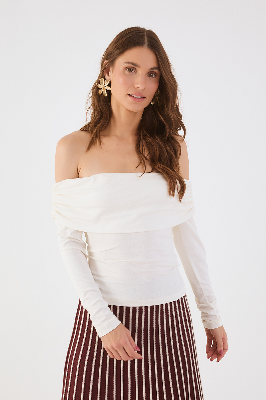 Off-White Long Sleeve Off-The-Shoulder Crepe Blouse_2