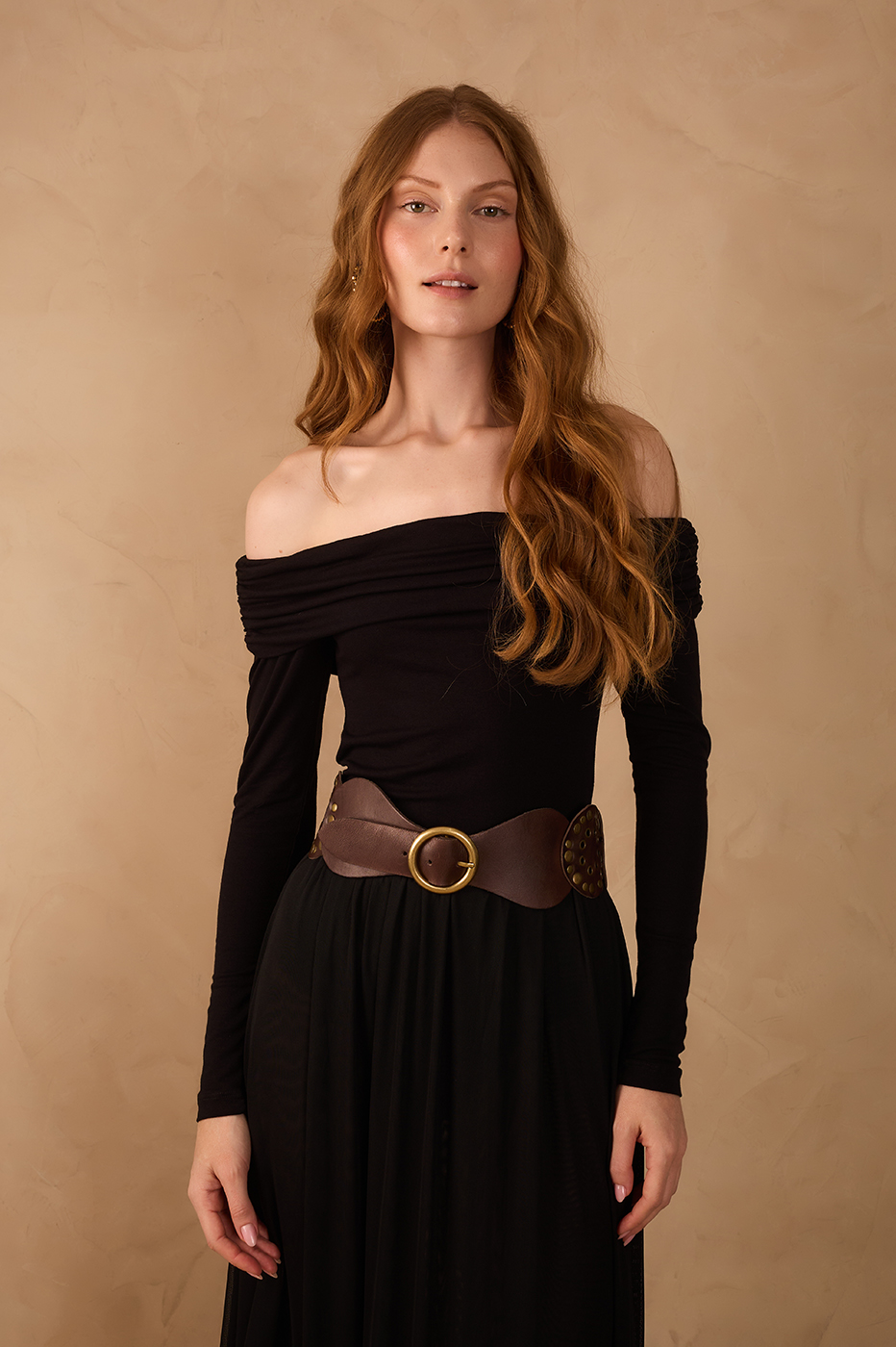 Black Long Sleeve Off-The-Shoulder Crepe Blouse,_1