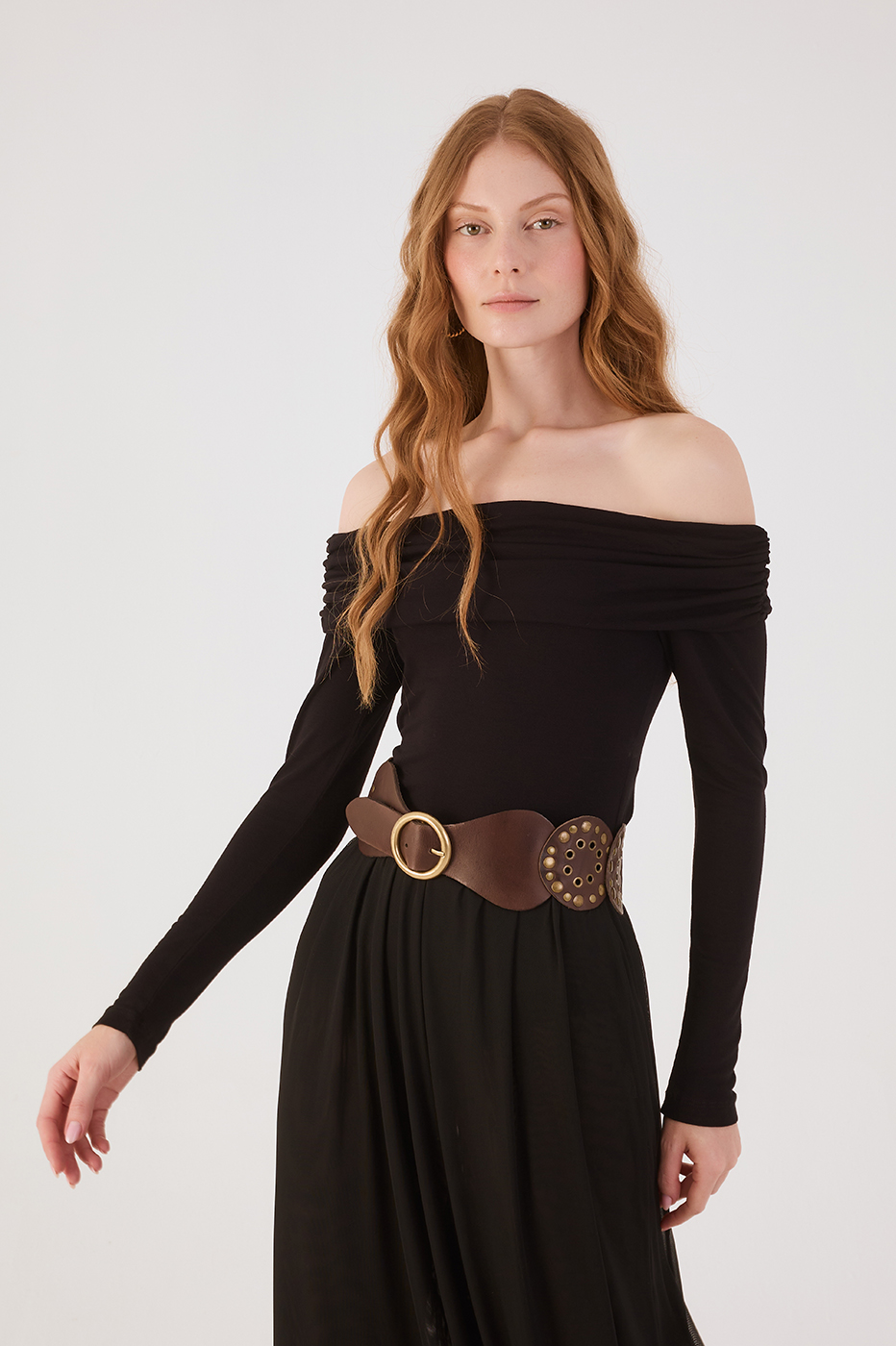 Black Long Sleeve Off-The-Shoulder Crepe Blouse,_2