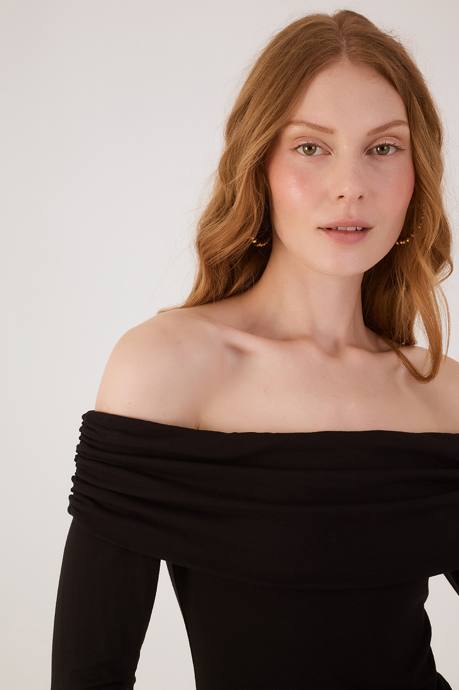 Black Long Sleeve Off-The-Shoulder Crepe Blouse,_3