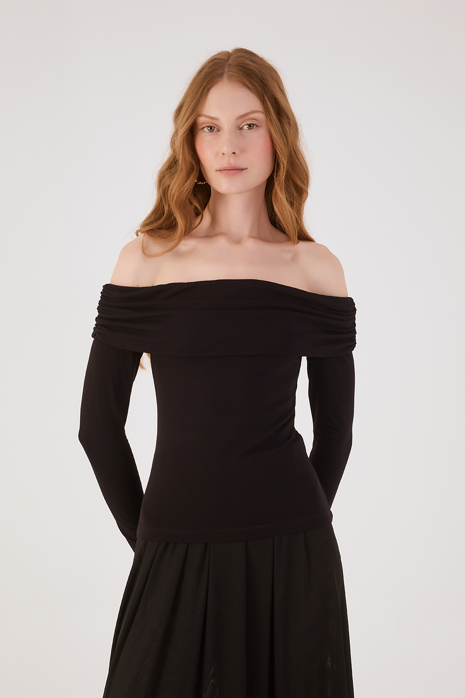 Black Long Sleeve Off-The-Shoulder Crepe Blouse,_4