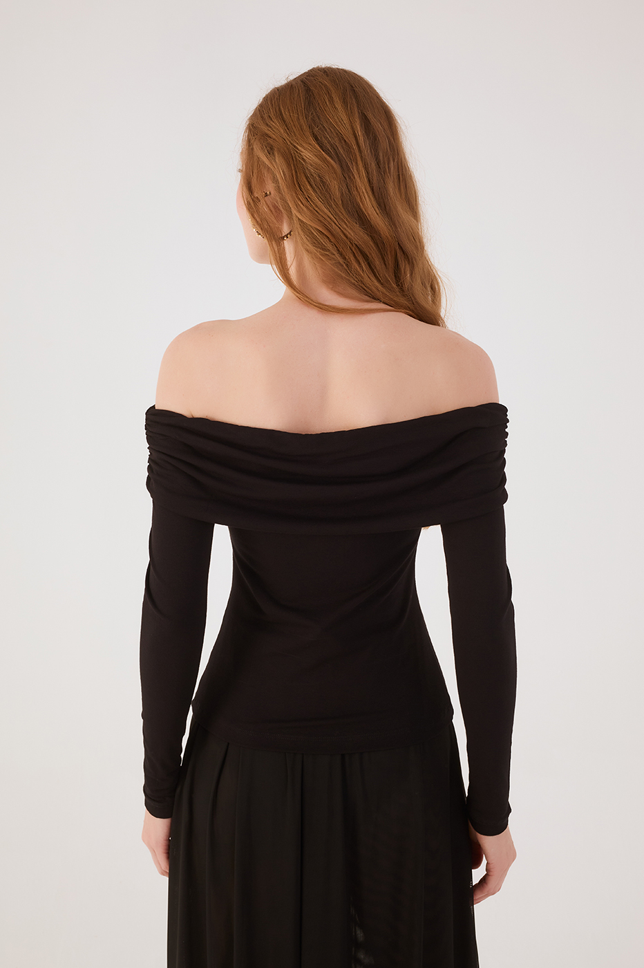 Black Long Sleeve Off-The-Shoulder Crepe Blouse,_5