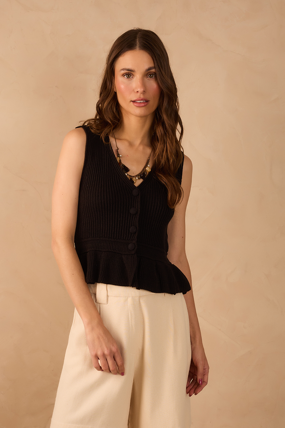 Black V Neck Buttoned Sleeveless Tricot Peplum Blouse