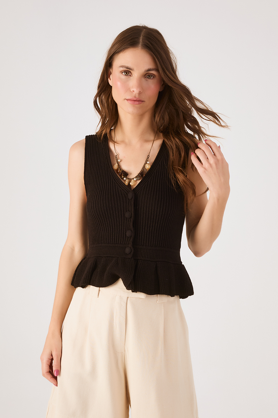 Black V Neck Buttoned Sleeveless Tricot Peplum Blouse