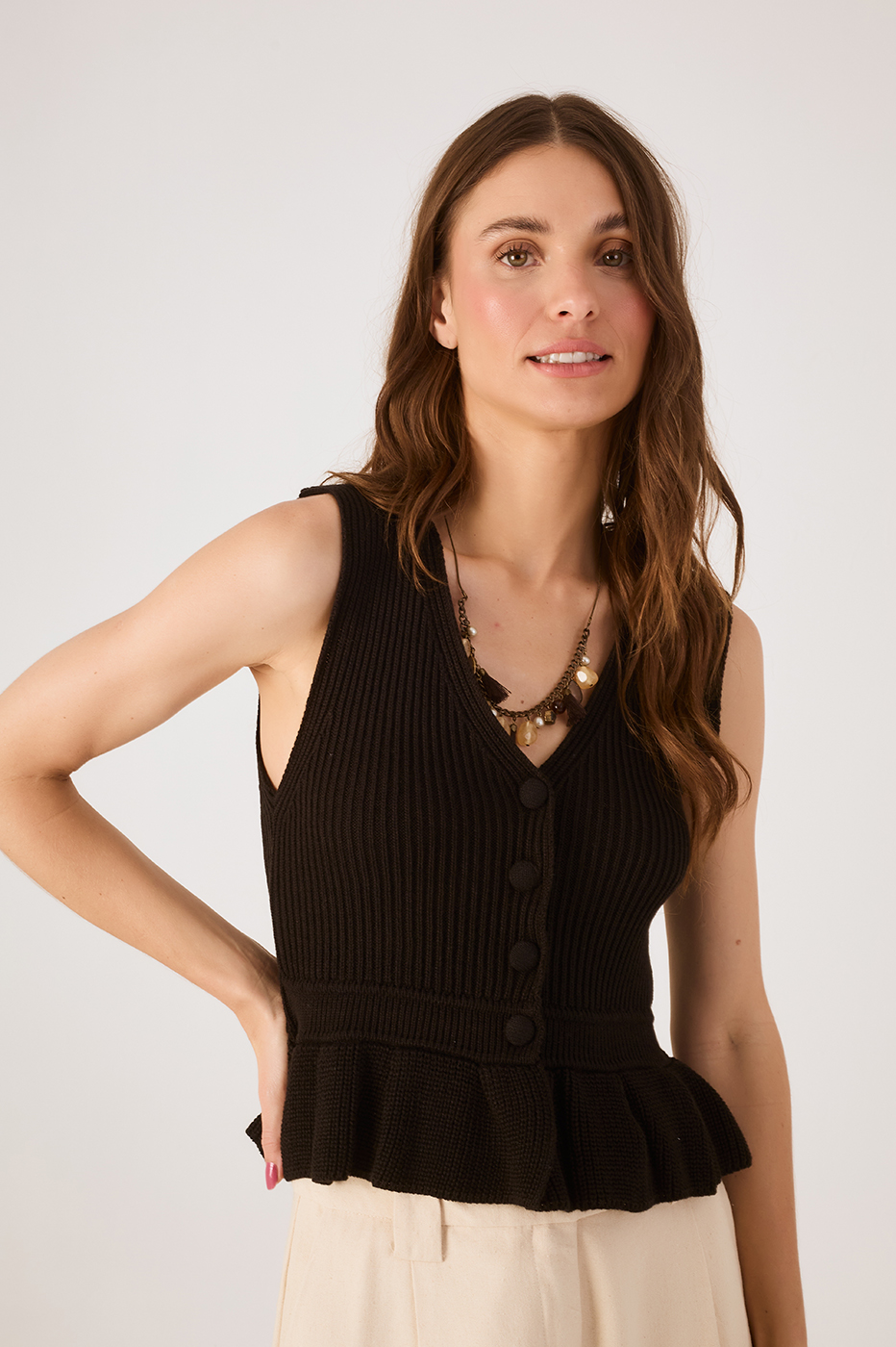 Black V Neck Buttoned Sleeveless Tricot Peplum Blouse_3