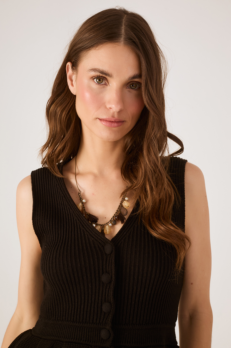 Black V Neck Buttoned Sleeveless Tricot Peplum Blouse