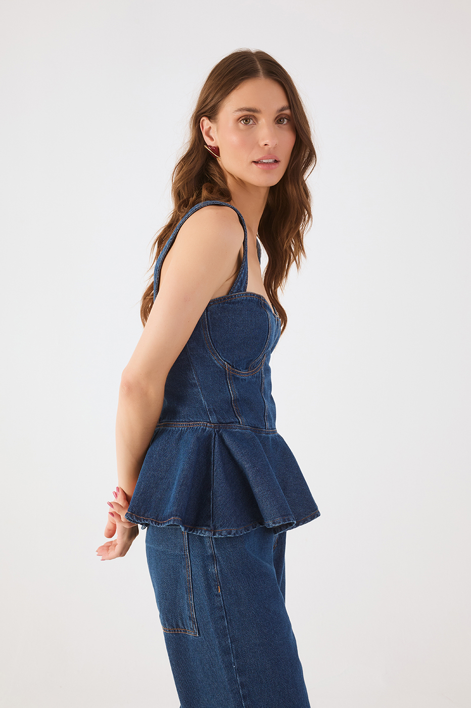 Denim Sweetheart Neckline Peplum Blouse