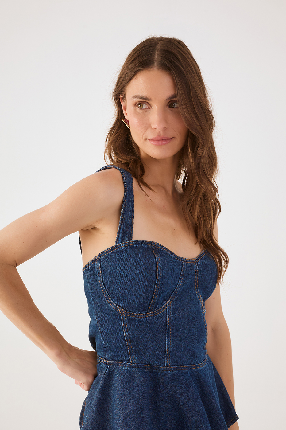 Denim Sweetheart Neckline Peplum Blouse