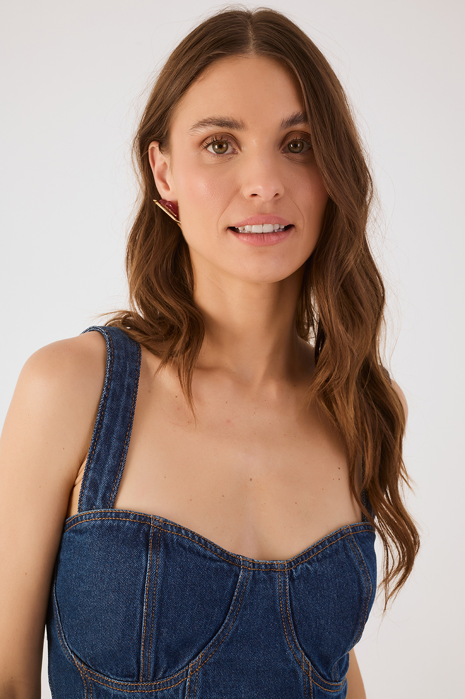 Denim Sweetheart Neckline Peplum Blouse