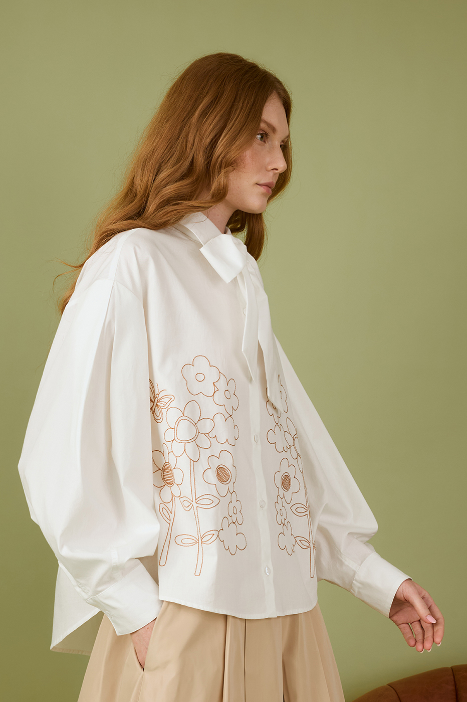 Pleated Embroidered Cotton Shirt