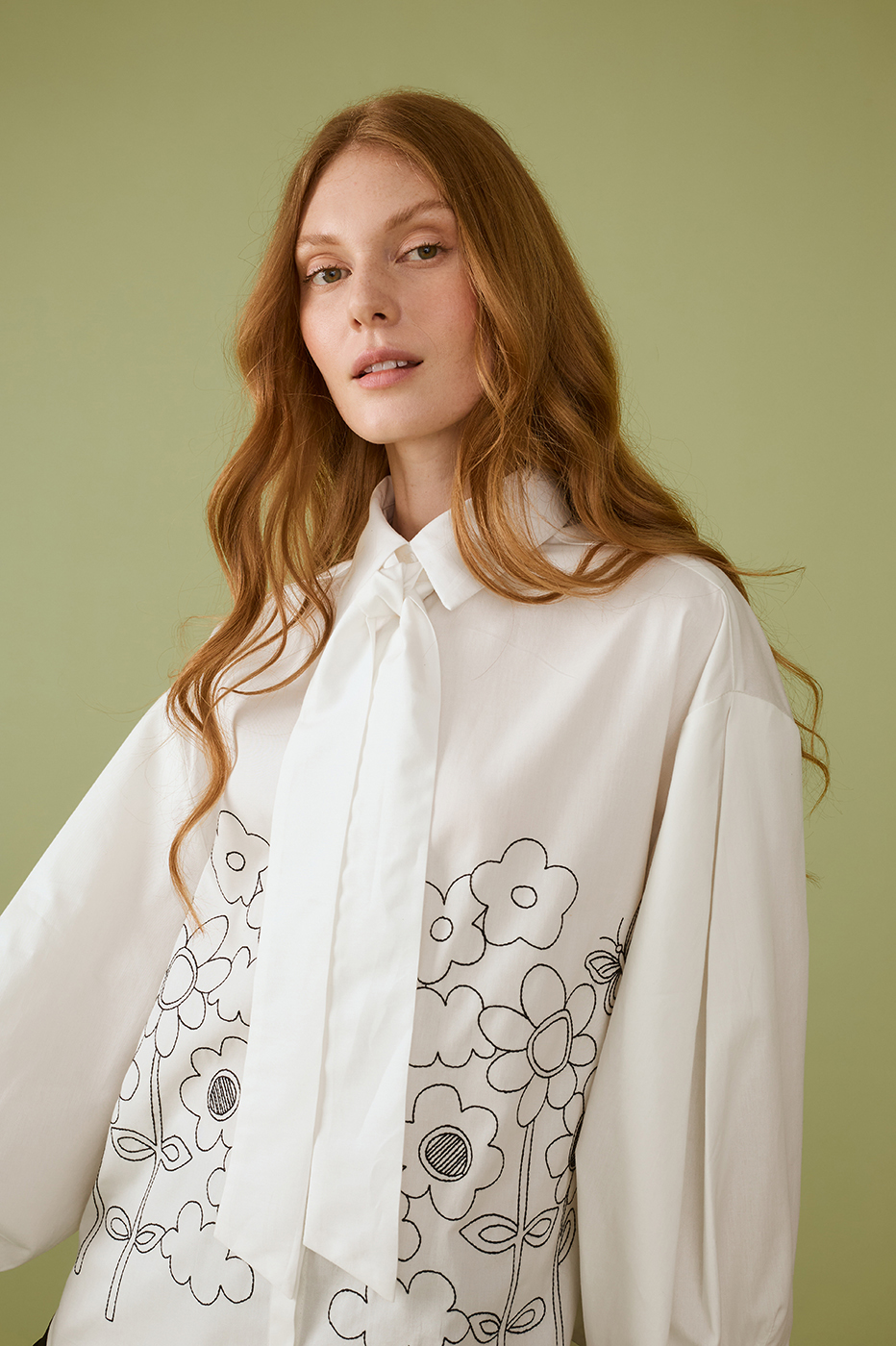 Pleated Embroidered Cotton Shirt