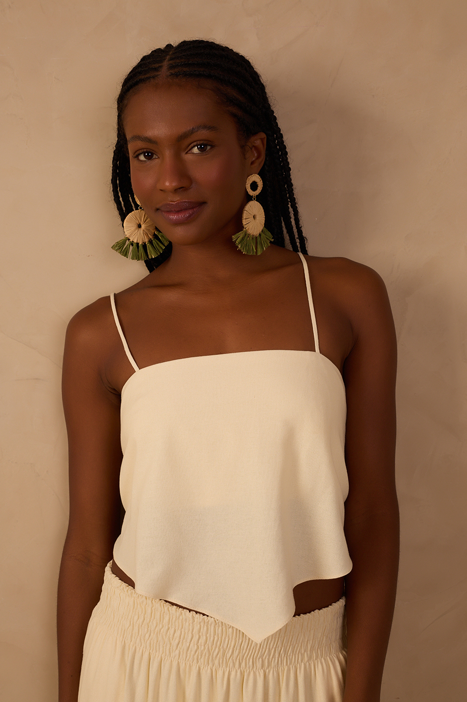 Beige Square Neck Straps Linen Crop Top_1