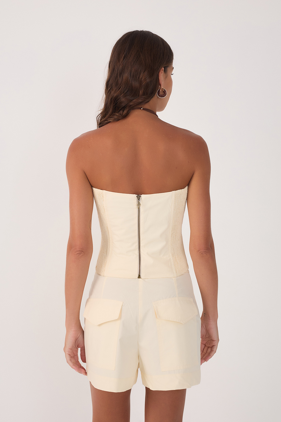 Beige Topstitching  Strapless Smocked Top_4