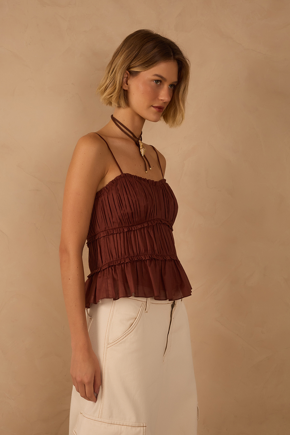 Brown Smocked Sleeveless Draped Blouse_1