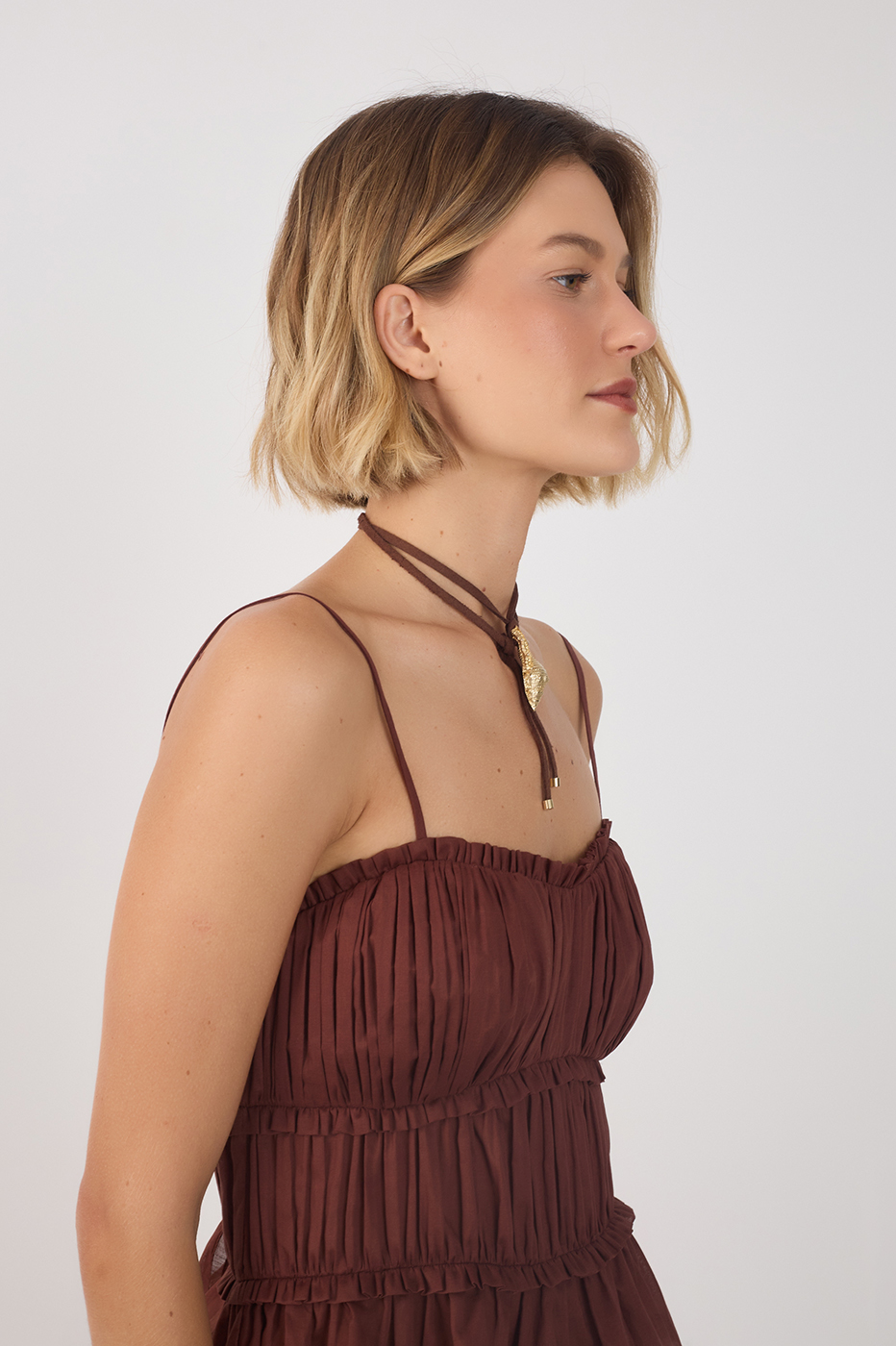 Brown Smocked Sleeveless Draped Blouse_3