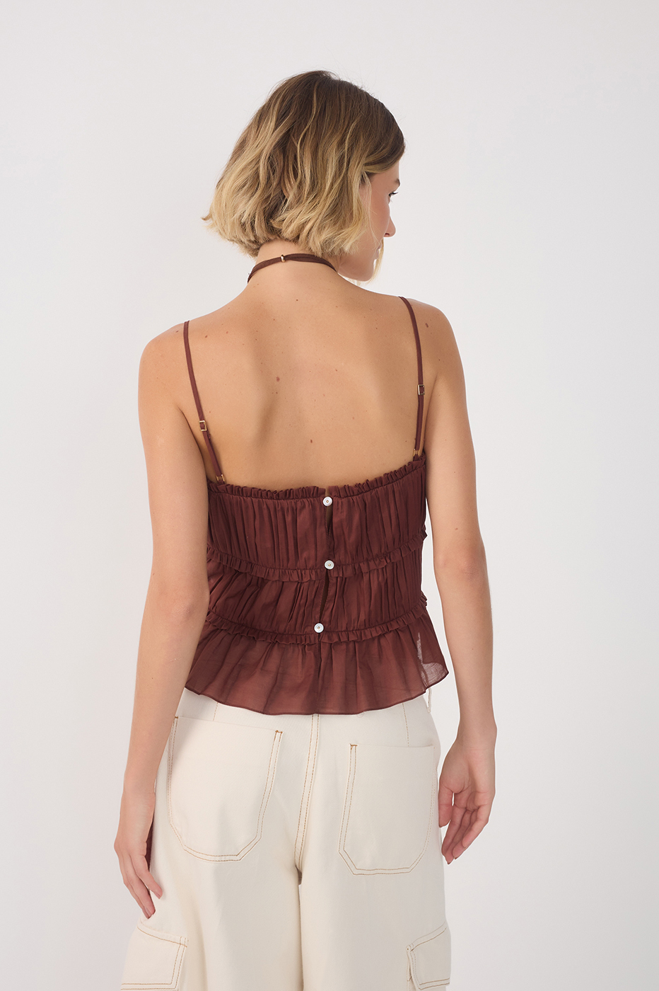 Brown Smocked Sleeveless Draped Blouse
