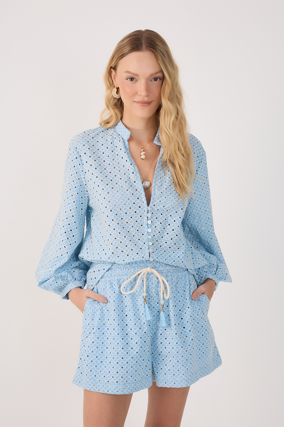 Blue Eyelet Balloon Sleeve Blouse