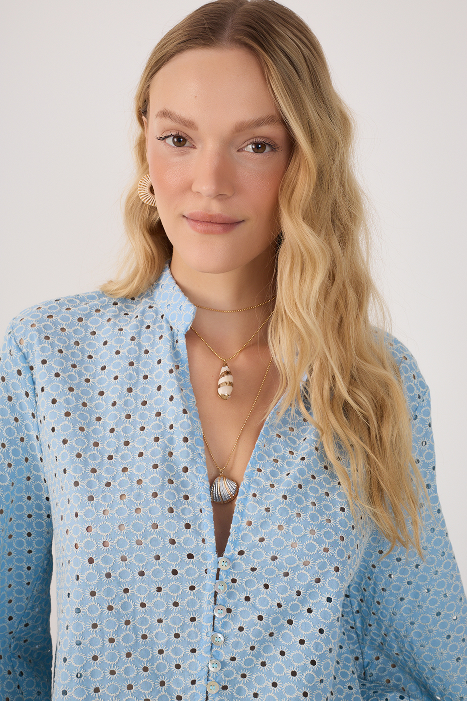 Blue Eyelet Balloon Sleeve Blouse