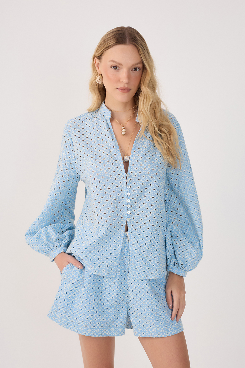 Blue Eyelet Balloon Sleeve Blouse