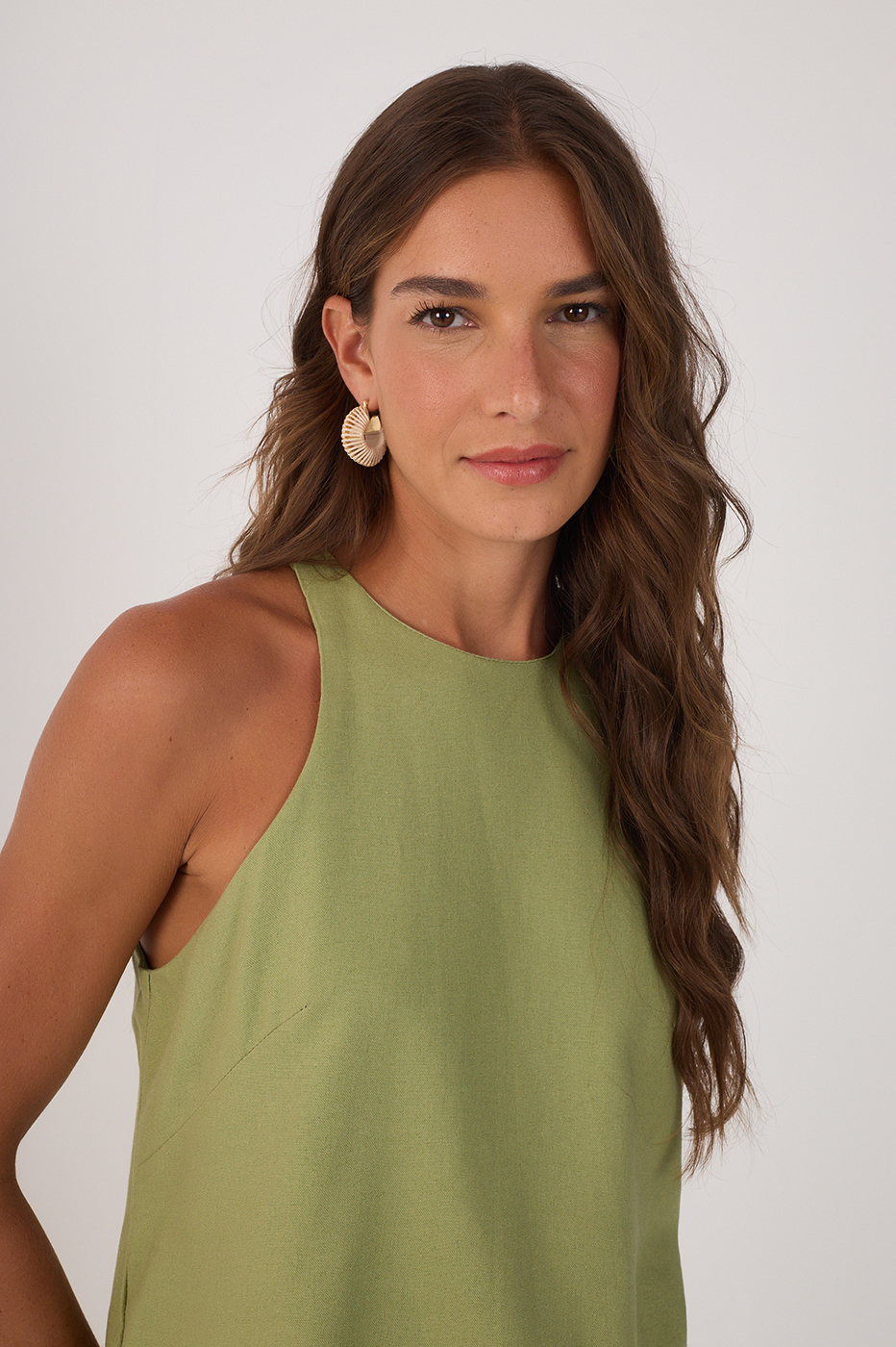 Green Crew Neck Sleeveless Linen Blouse