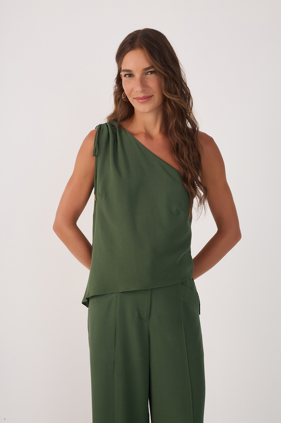 Green Asymmetric One-Shoulder Ties Blouse_2