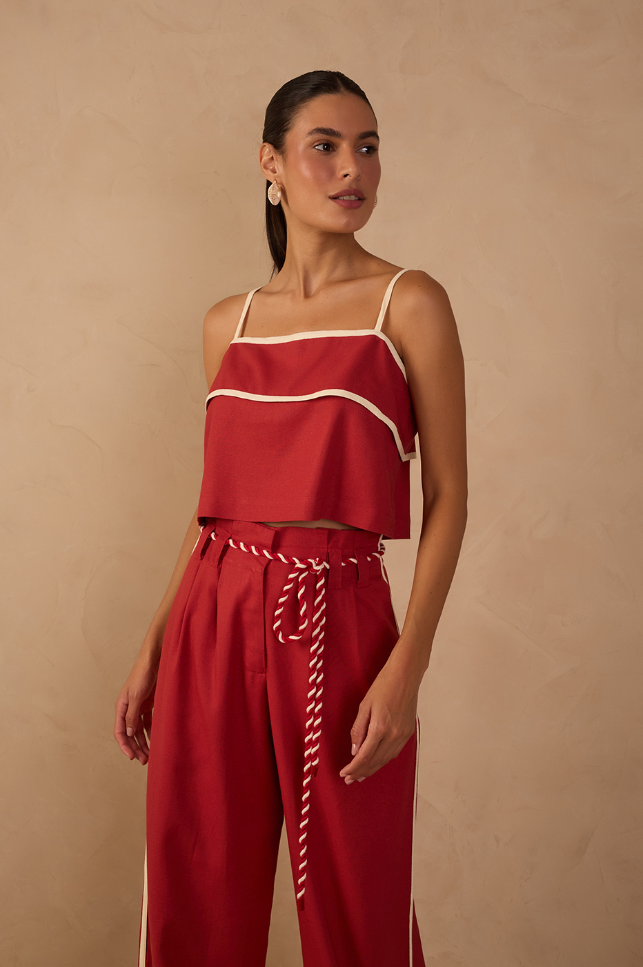 Red Square Neck Back Button Crop Top