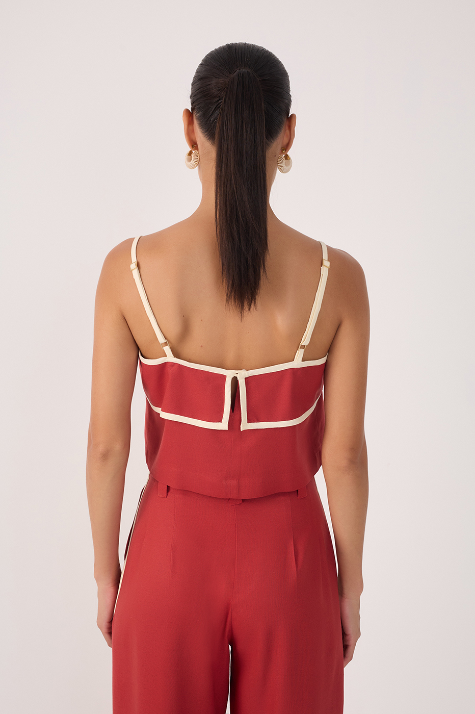 Red Square Neck Back Button Crop Top