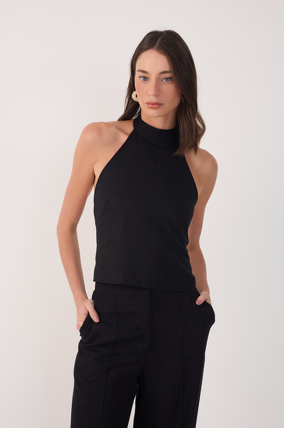 Black Linen Halter Neck Top_2