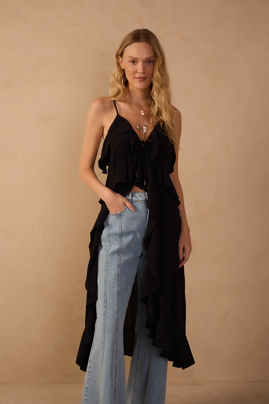 Black Coco Sleeveless Ruffled Crepe Tunic_1