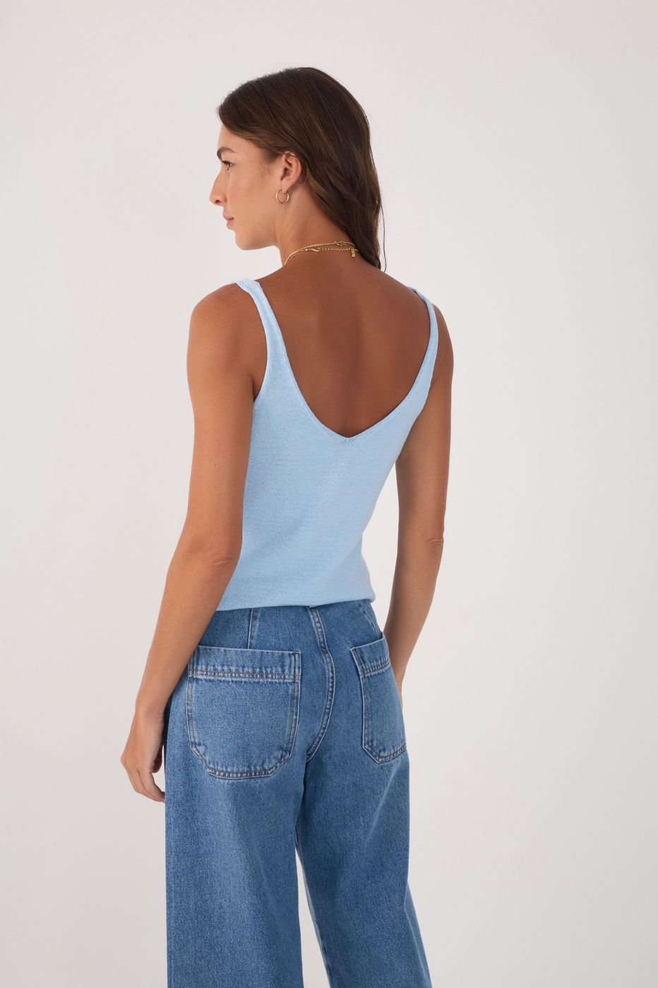 Blue V Neck Sleeveless Tricot Tank Top