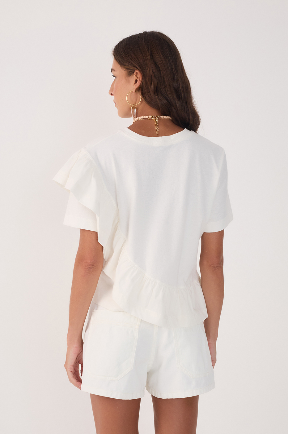 Off-White Crew Neck Short Sleeve Ruffled Blouse_4