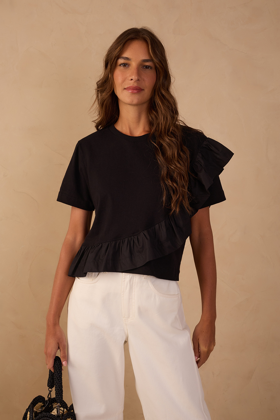 Black Fabric Ruffle Blouse