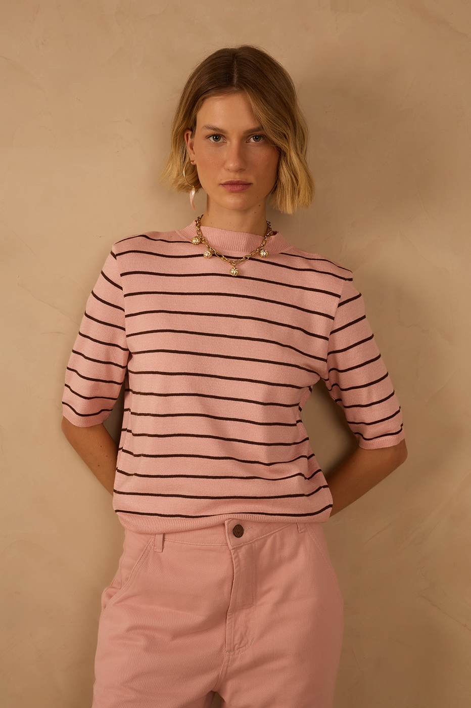 Pink Brisa Crew Neck Short Sleeve Tricot Blouse_1