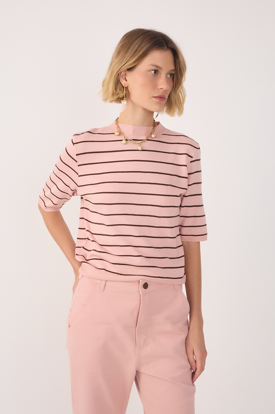 Pink Brisa Crew Neck Short Sleeve Tricot Blouse_2