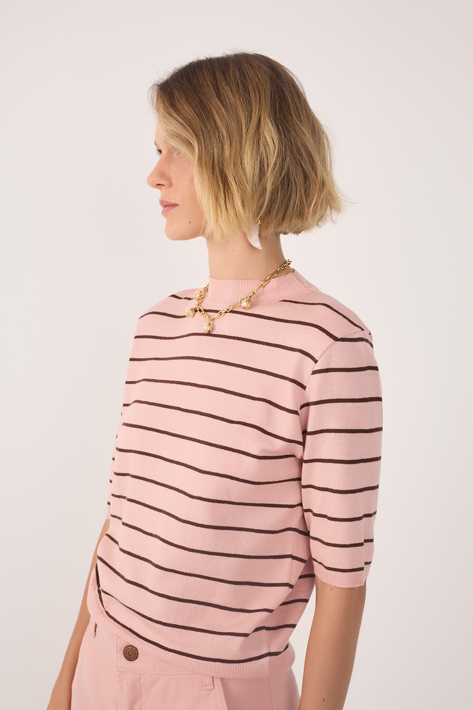 Pink Brisa Crew Neck Short Sleeve Tricot Blouse_3