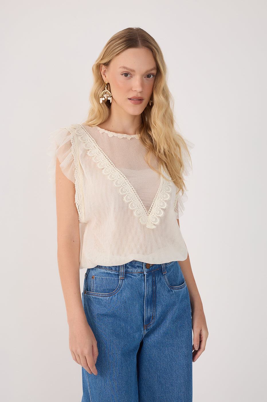Off-White Crew Neck Lace Tulle Blouse_2