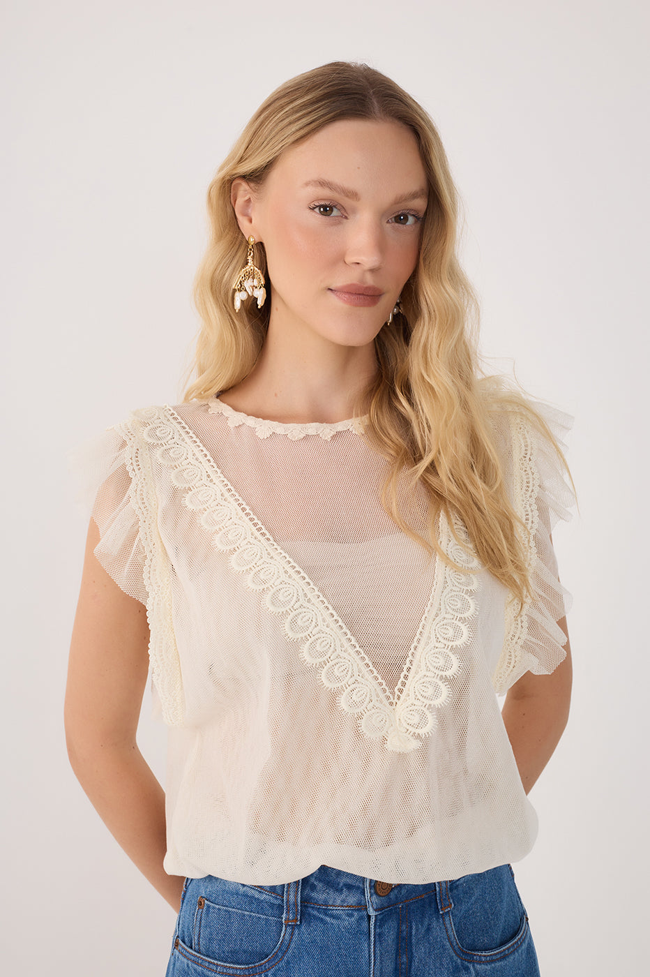 Off-White Crew Neck Lace Tulle Blouse