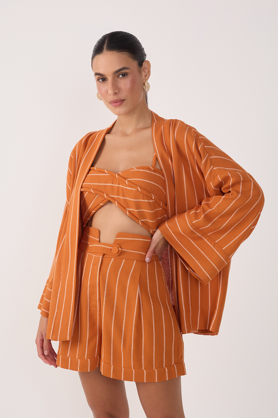 Ochre Striped Smocked Linen Crop Top_2