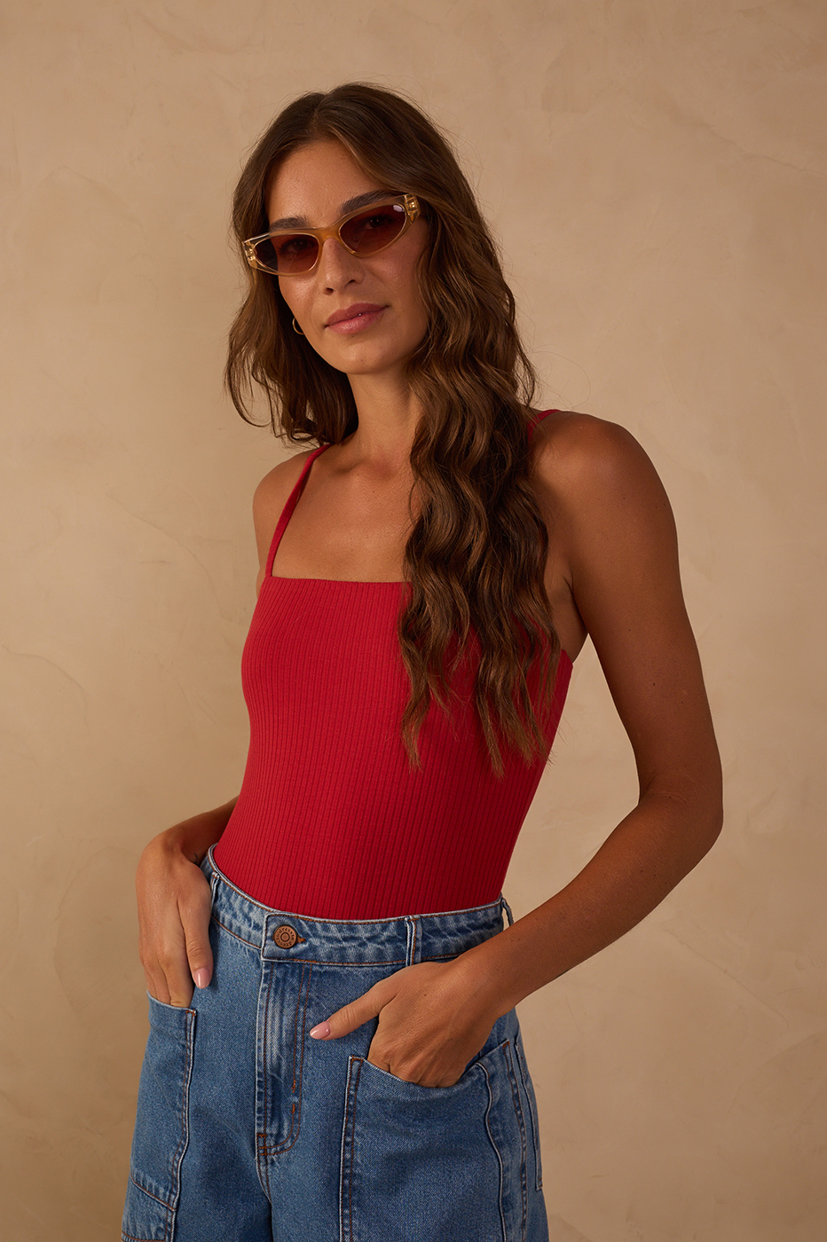 Red Basic Ribbed Bodysuit_1