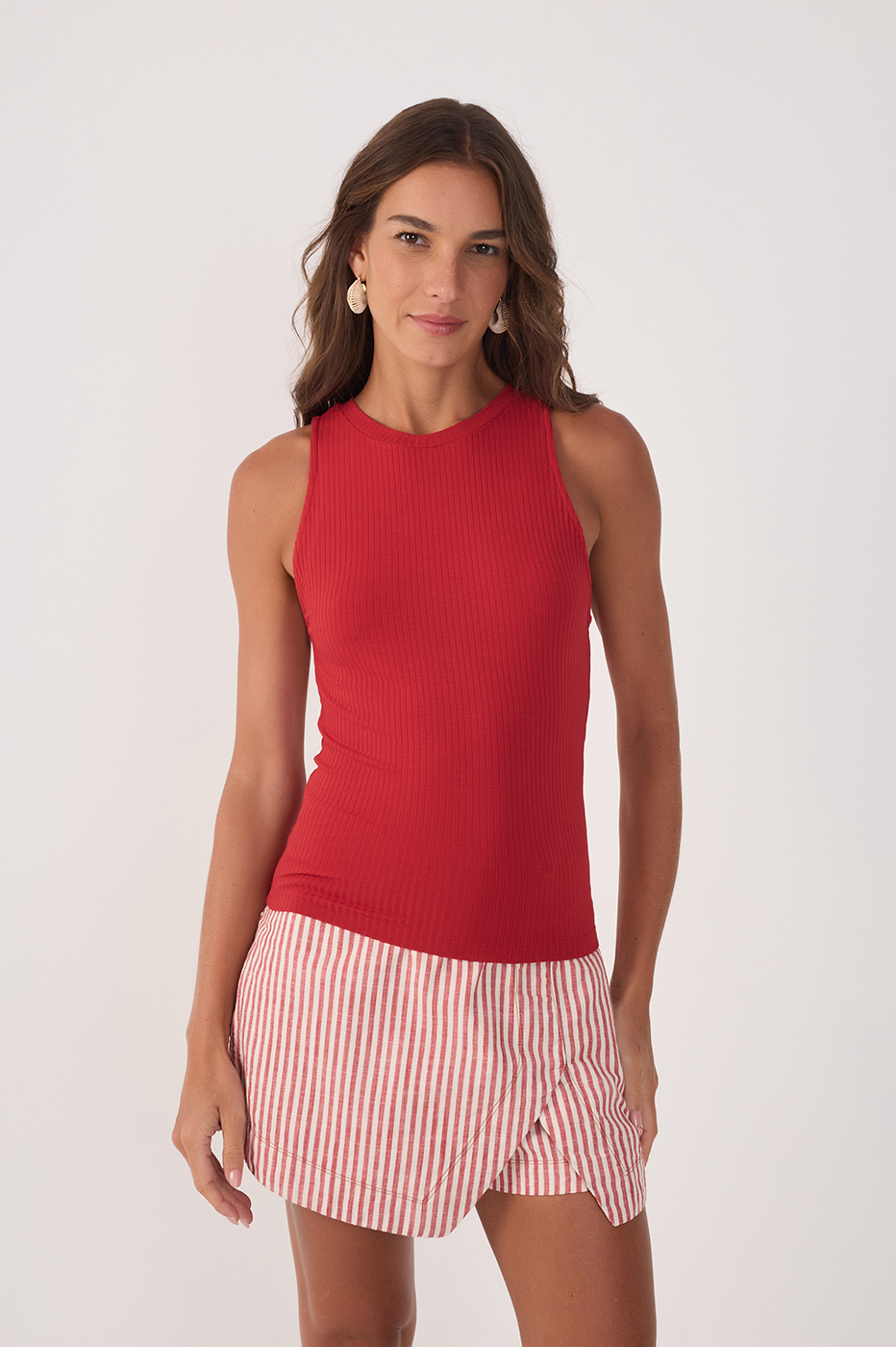 Red Crew Neck Sleeveless Ribbed Tank Top