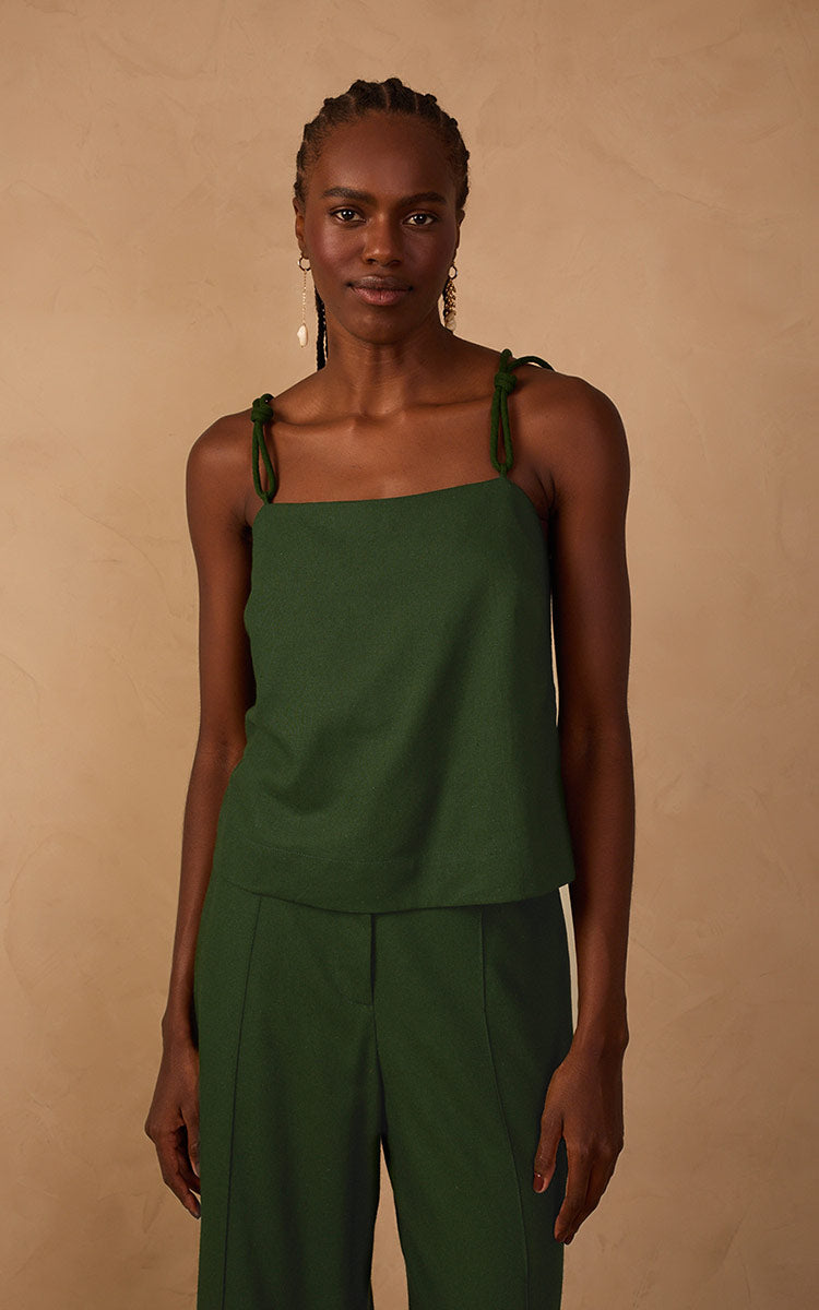 Green Square Neck Knot Ties Linen Blouse_1
