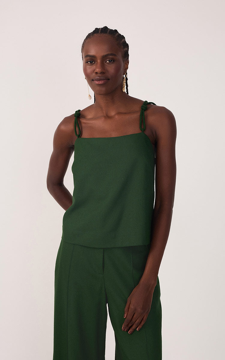 Green Square Neck Knot Ties Linen Blouse_2