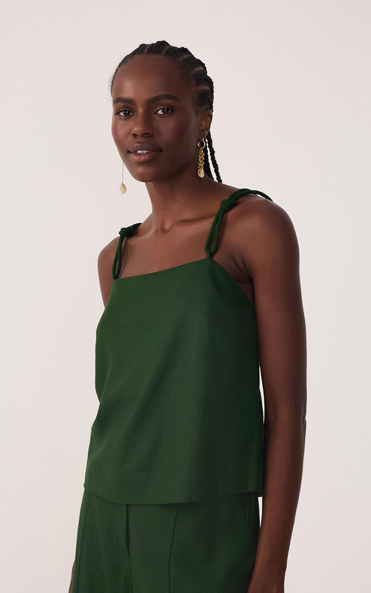 Green Square Neck Knot Ties Linen Blouse