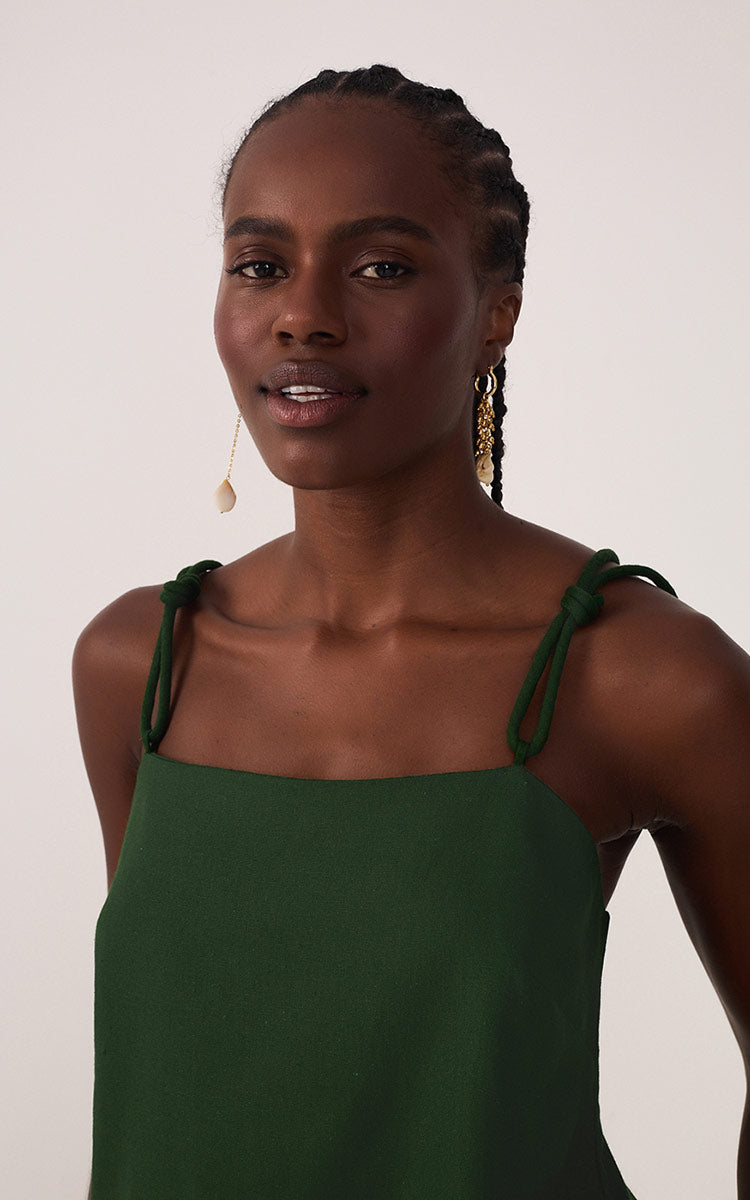Green Square Neck Knot Ties Linen Blouse_4