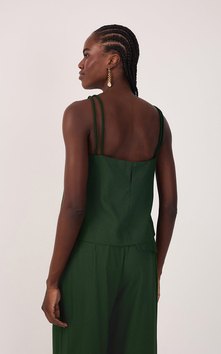 Green Square Neck Knot Ties Linen Blouse_5