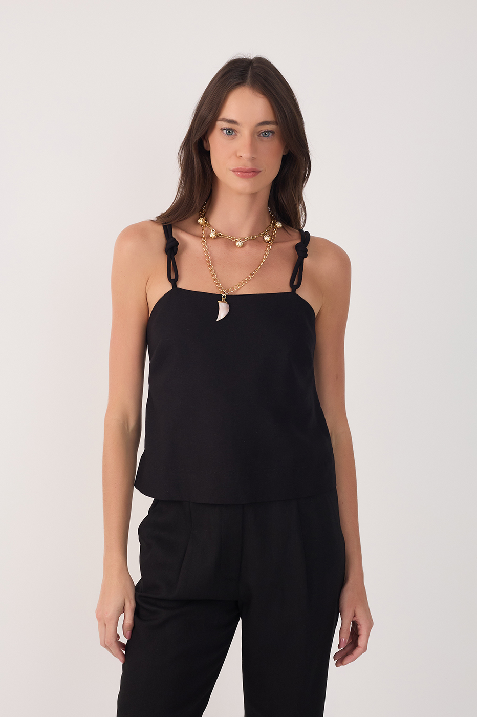 Black Square Neck Knot Ties Linen Blouse